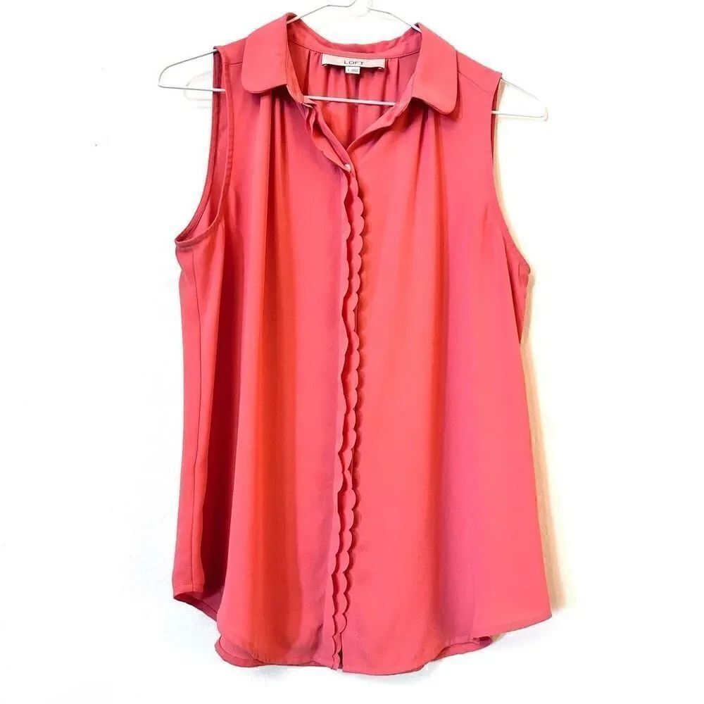 Ann Taylor LOFT Hidden Button Front Scalloped Trim Sleeveless Blouse Pink Small
